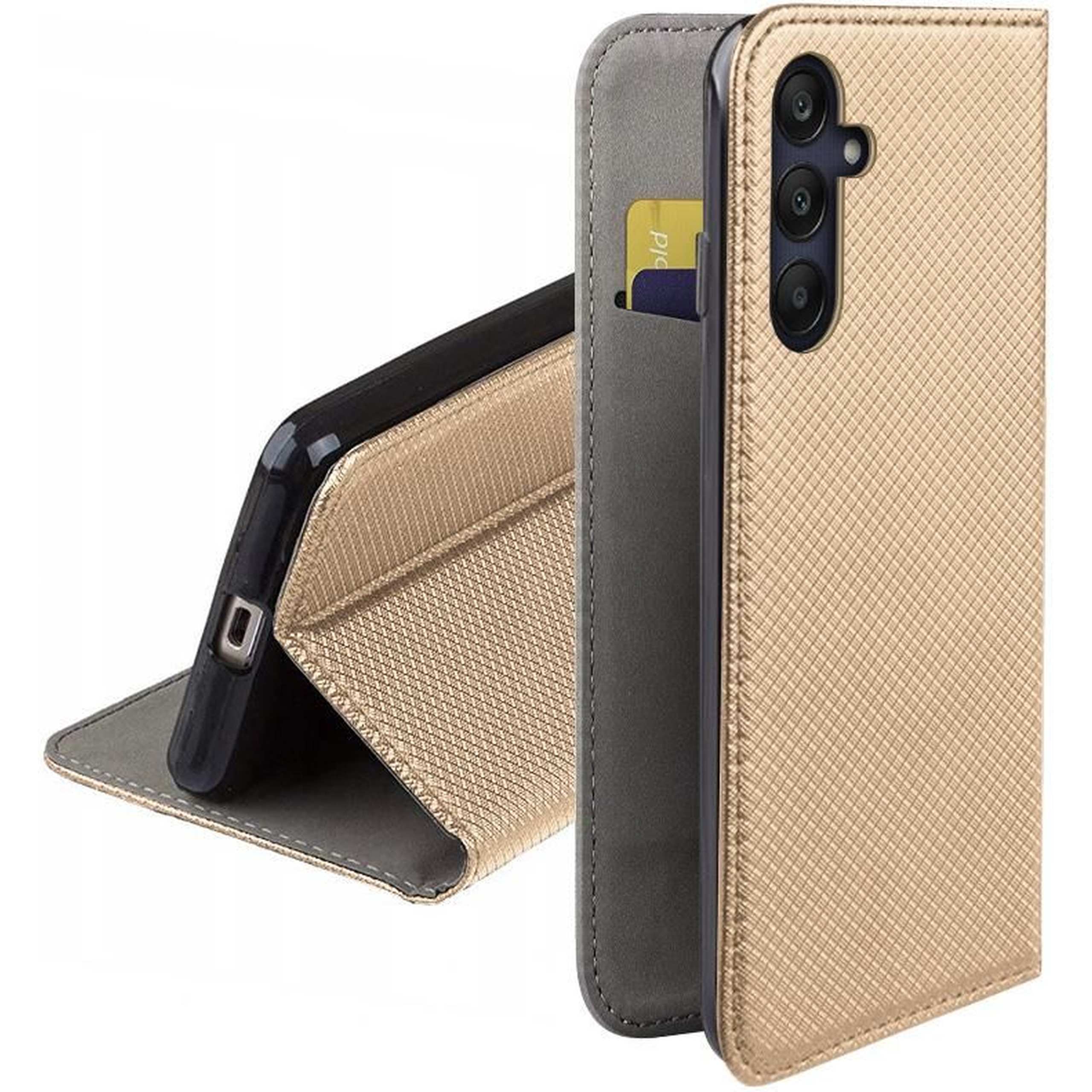 Złote etui z klapką Smart Classic do Samsung Galaxy A25 5G - widok zamkniętego etui.
