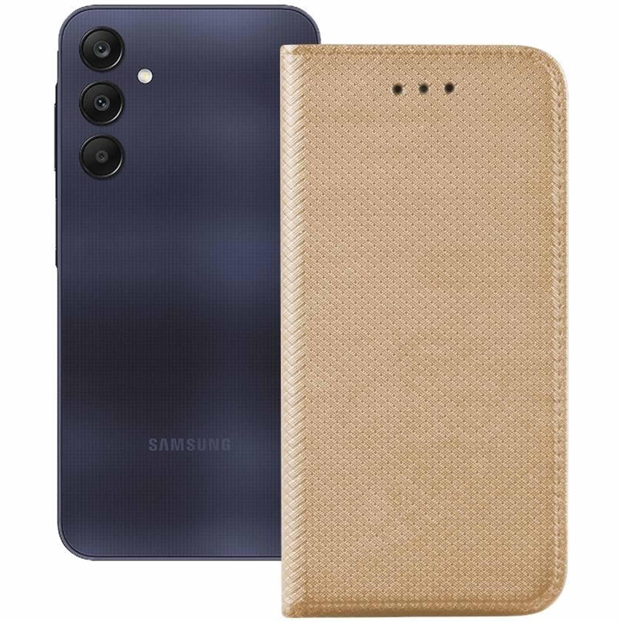 Złote etui z klapką Smart Classic do Samsung Galaxy A25 5G - widok otwartego etui z funkcją podstawki i kieszonką.