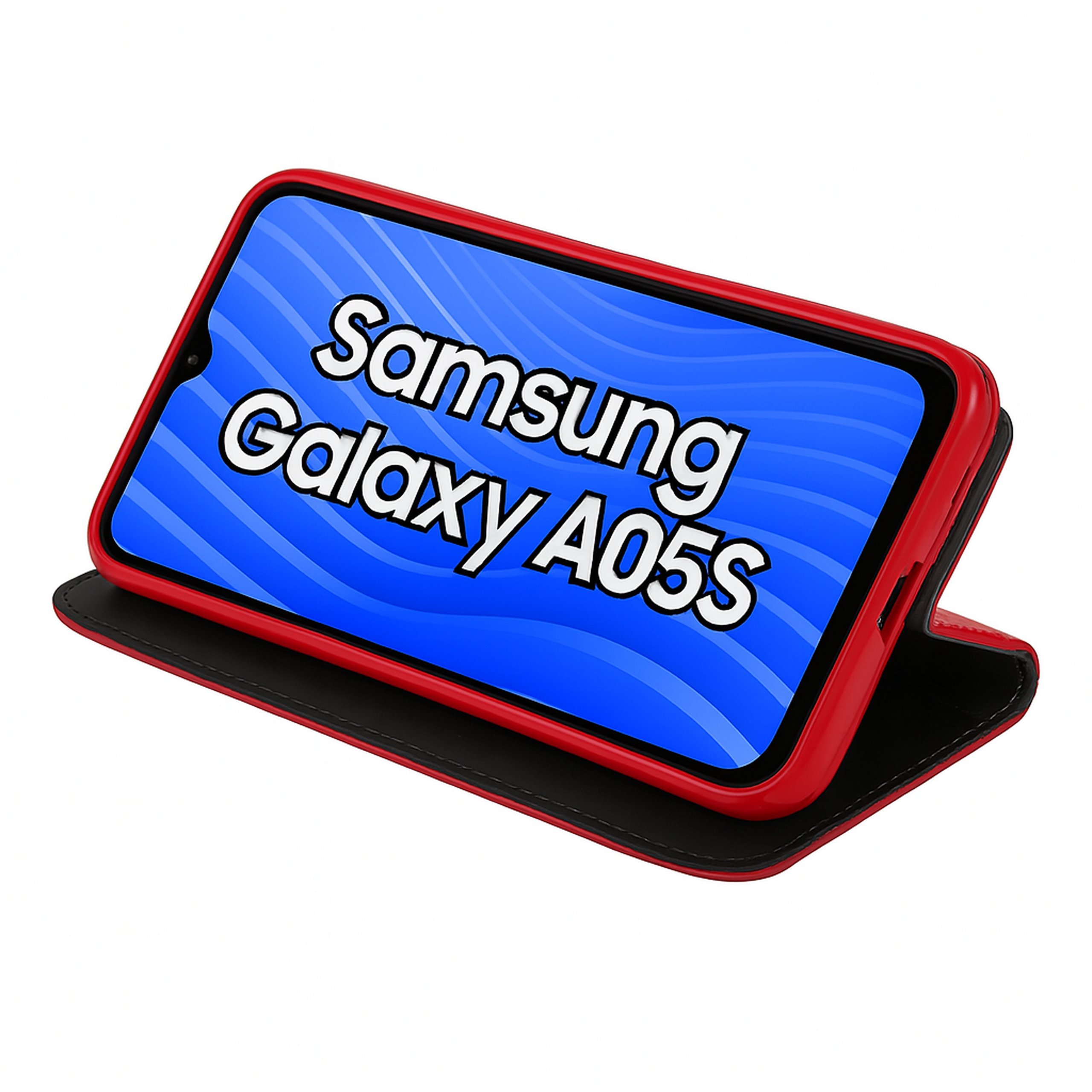 Czerwone etui Smart Magnet do Samsung Galaxy A05s - widok otwartego etui z funkcją podstawki i kieszonką.